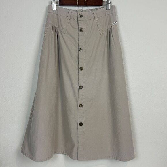 VTG Cherokee Tan Button Front Full Midi Skirt Elastic Waist Back M/L - Picture 1 of 9